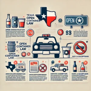 the Texas open container law, including icons representing a car, an alcoholic beverage, and a prohibition sign.